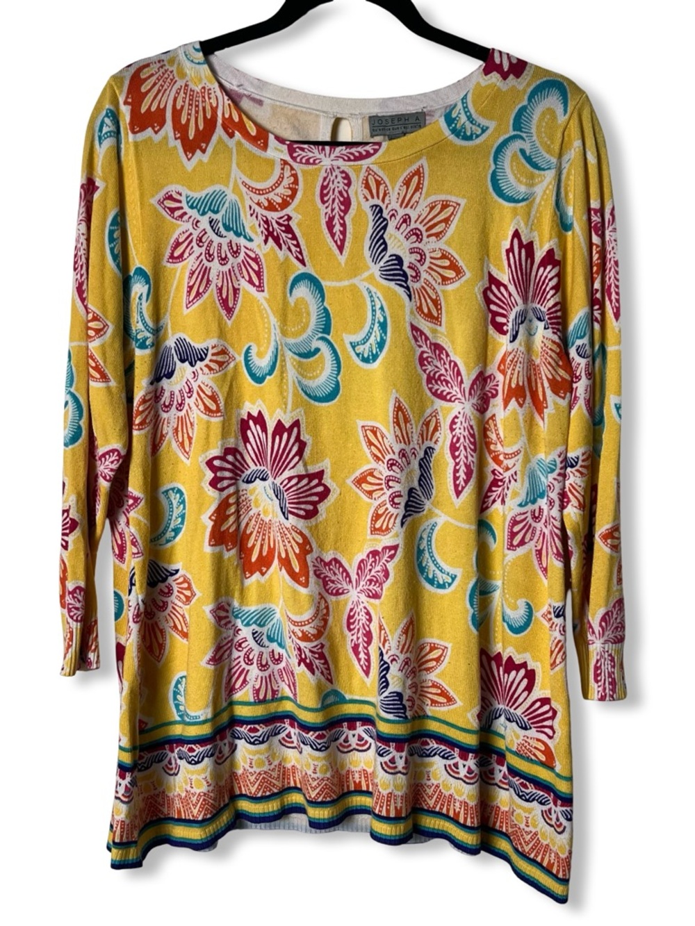 Joseph A Floral Print Tunic Sweater 3/4 Sleeve Silky Knit‎ Yellow Sz L